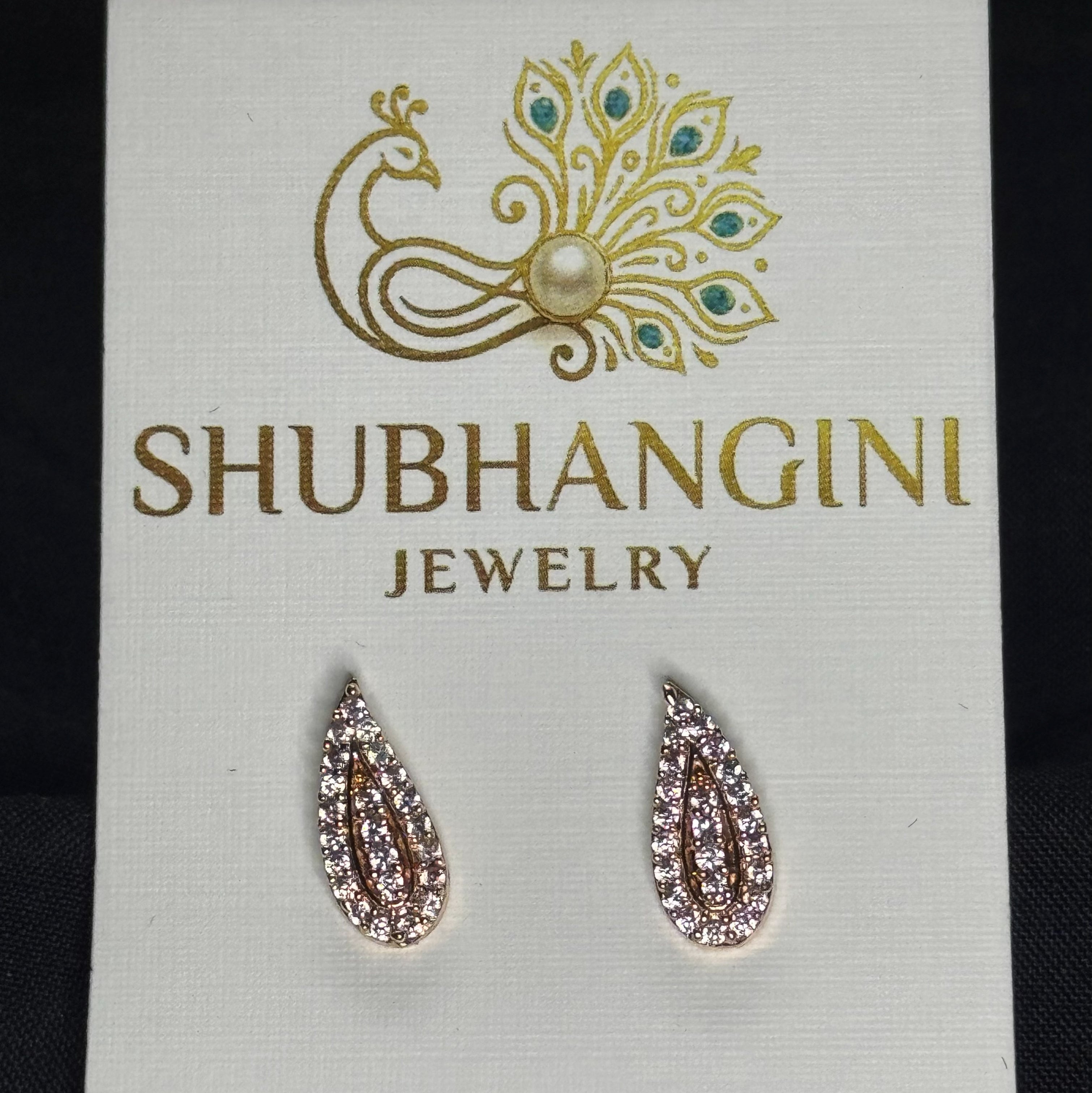 Shubhangini jewelry card with teardrop-shaped earrings on a white background