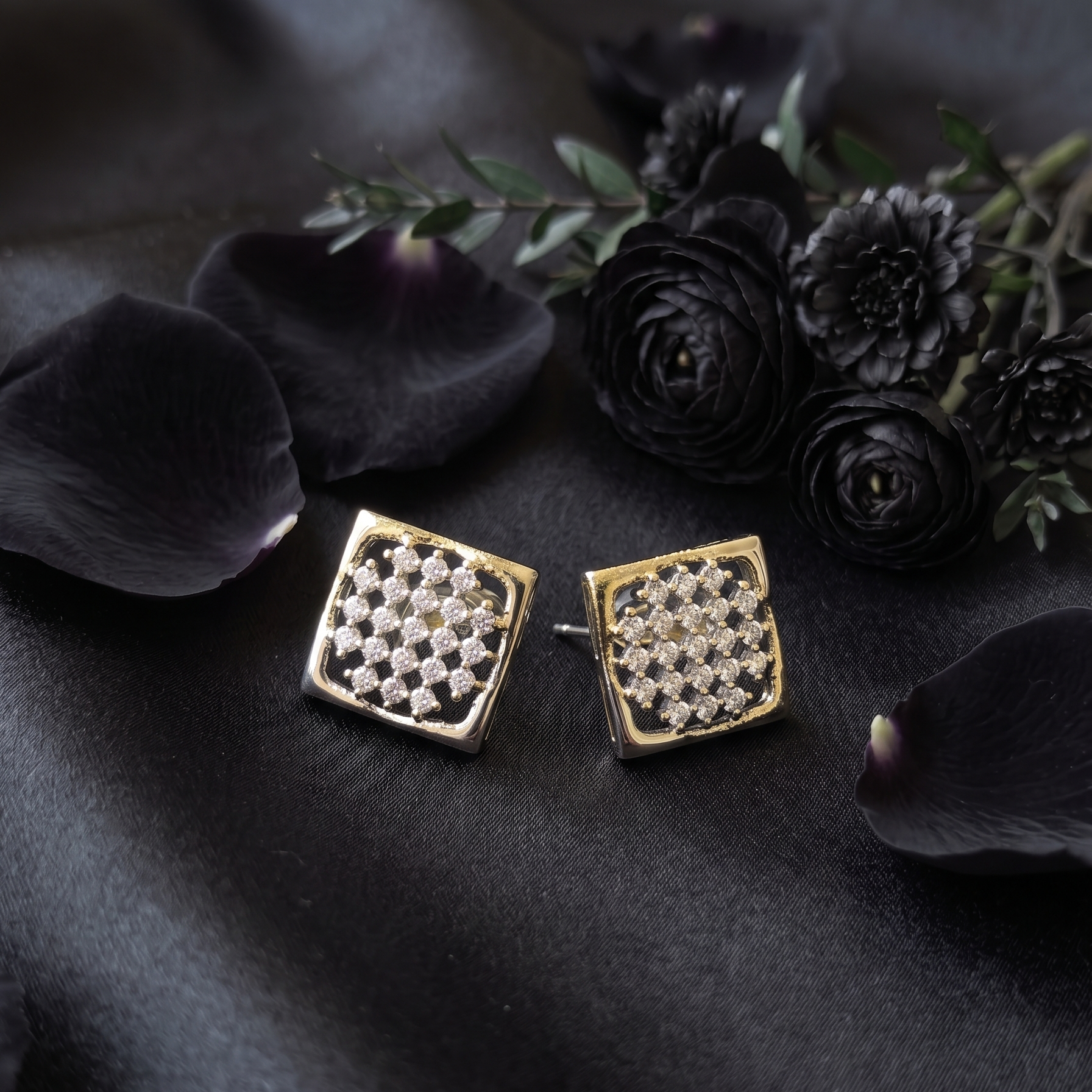 Diamond Square Stud Earrings – Gold Plated CZ