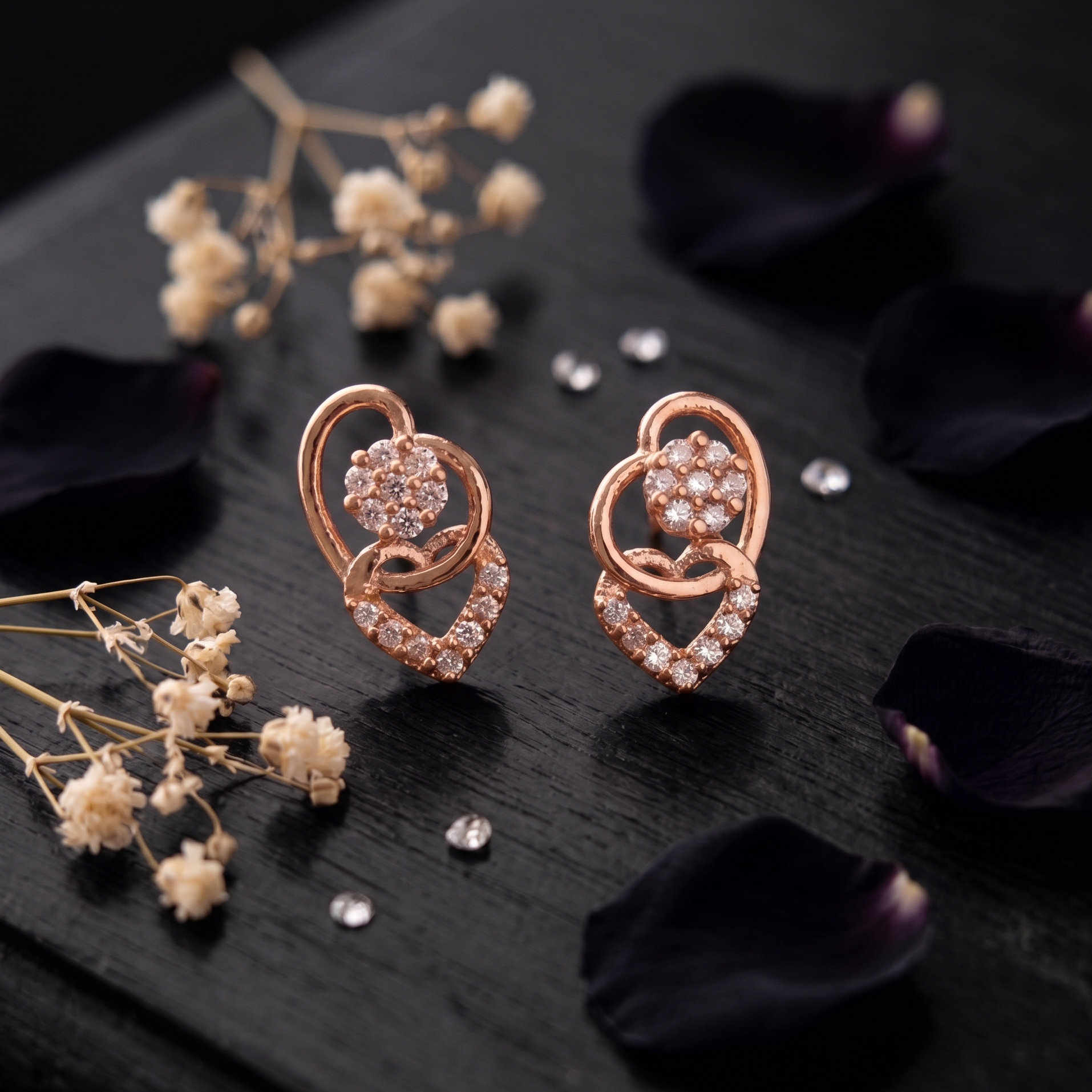 Rose gold earrings on a dark surface with dried flowers and petals