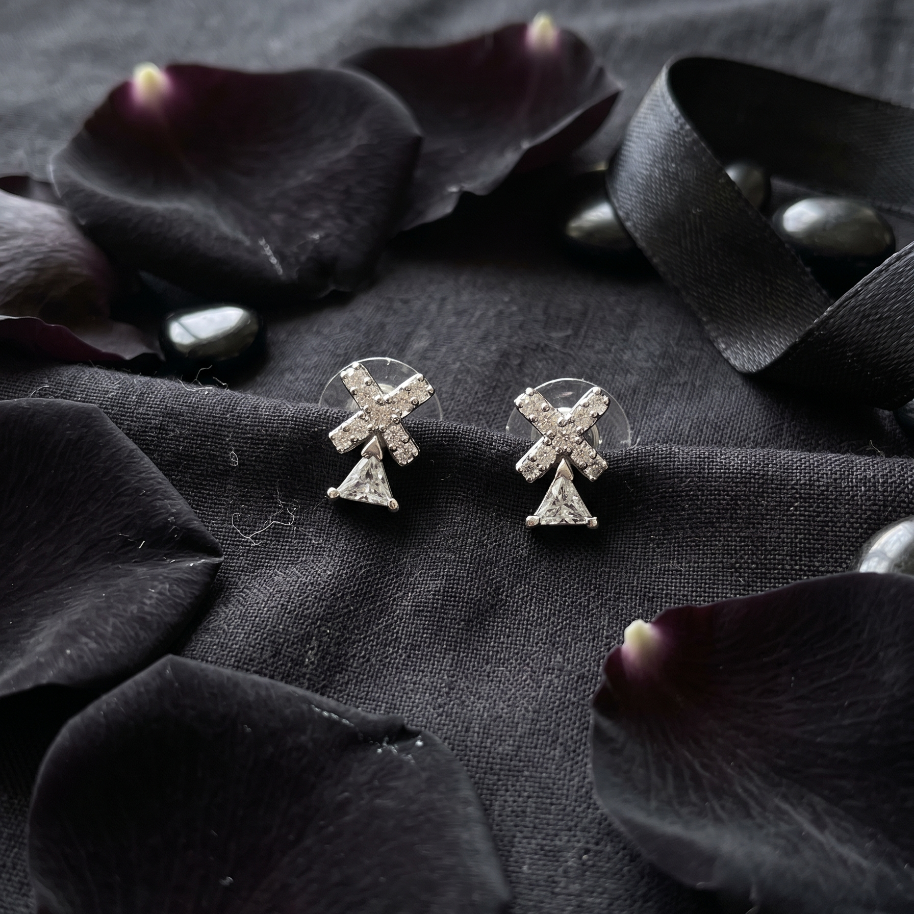 Crystal Cross & Triangle Drop Stud Earrings